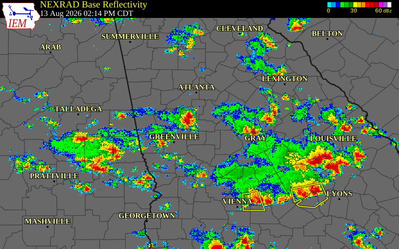 Radar snapshot during the Aug 13, 2026 wind event near Spalding County, Spalding County, Georgia, with NWS warning polygons
