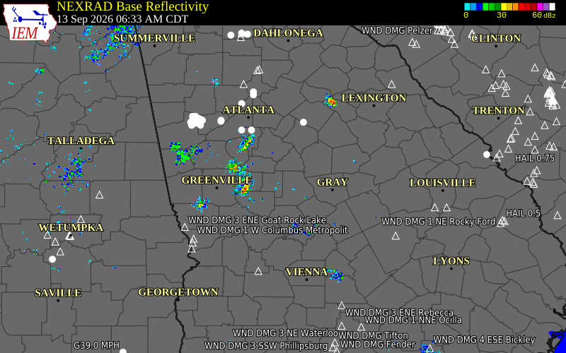 Current NEXRAD radar over Spalding County, Georgia with recent storm report locations