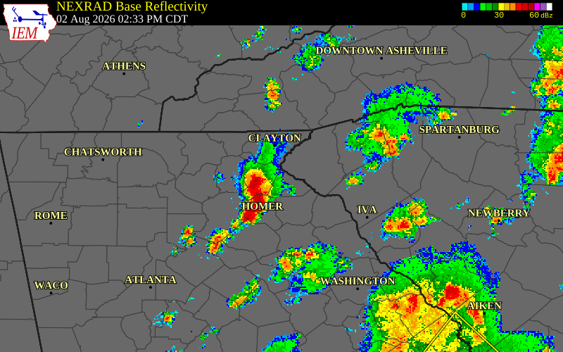 NEXRAD radar during the Sunday, August 2, 2026 storm activity in Stephens County, Georgia