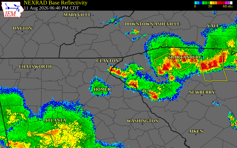NEXRAD radar during the Tuesday, August 11, 2026 storm activity in Stephens County, Georgia