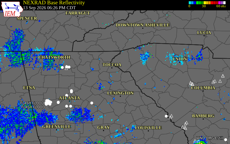 Current NEXRAD radar over Stephens County, Georgia with recent storm report locations