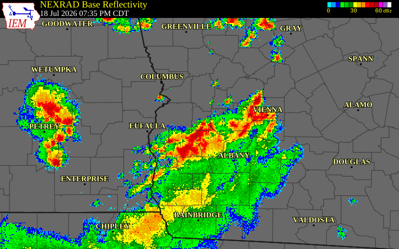 NEXRAD radar during the Saturday, July 18, 2026 storm activity in Stewart County, Georgia