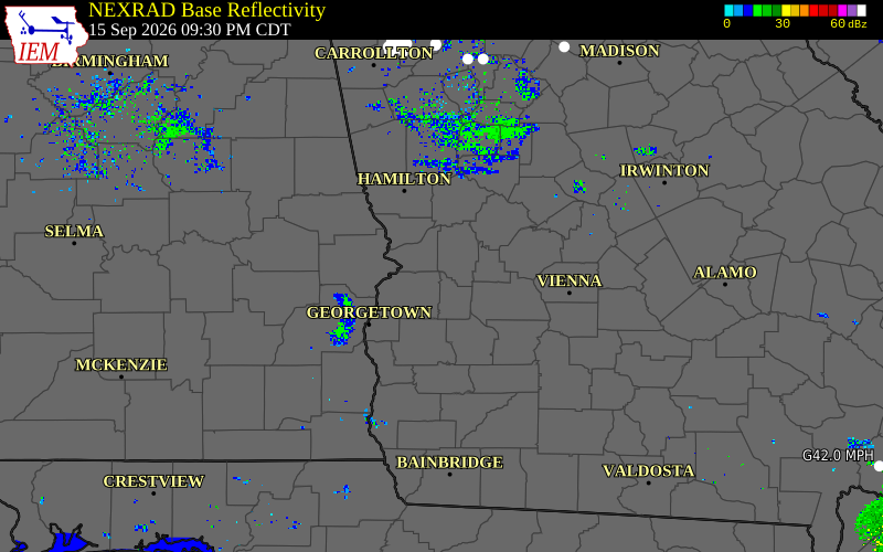 Current NEXRAD radar over Stewart County, Georgia with recent storm report locations