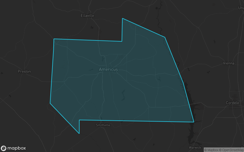 Map of Sumter County, Georgia showing the county boundary and surrounding cities