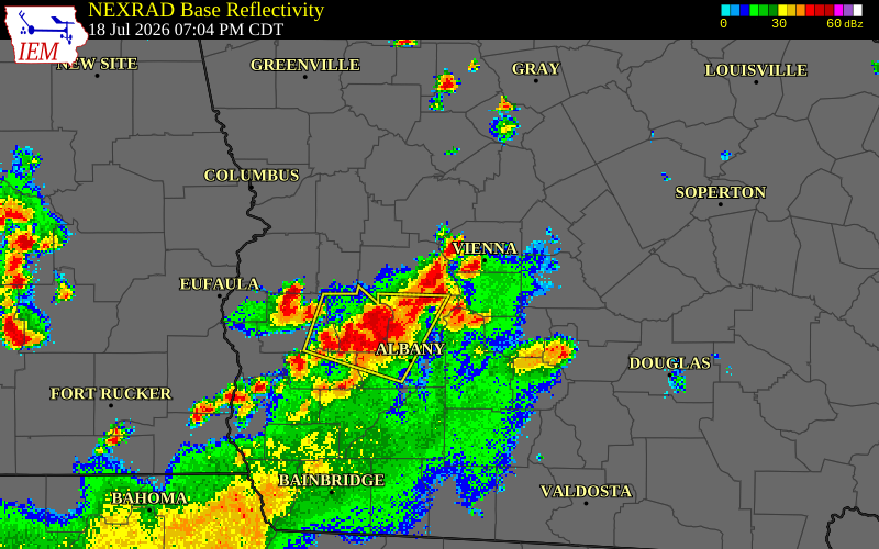 NEXRAD radar during the Saturday, July 18, 2026 storm activity in Sumter County, Georgia
