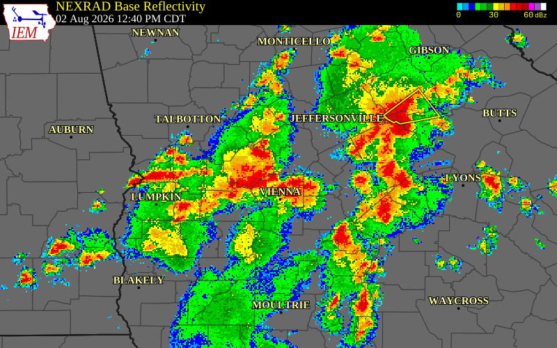 NEXRAD radar during the Sunday, August 2, 2026 storm activity in Sumter County, Georgia