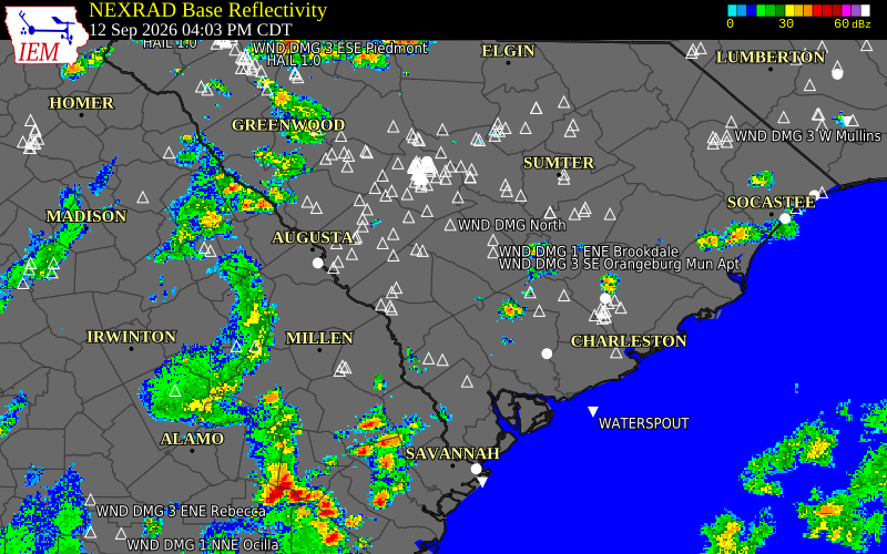 Current NEXRAD radar over Sumter County, Georgia with recent storm report locations