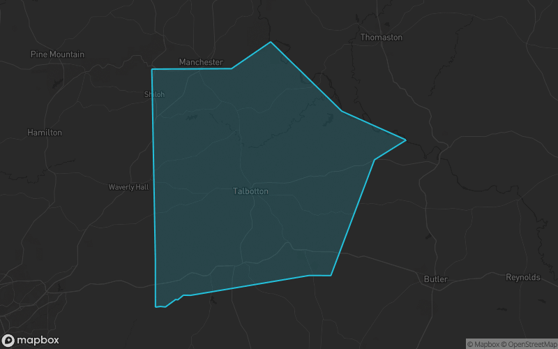 Map of Talbot County, Georgia showing the county boundary and surrounding cities