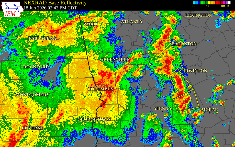 NEXRAD radar during the Thursday, June 18, 2026 storm activity in Talbot County, Georgia