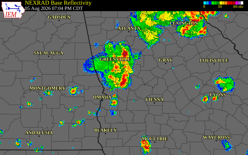 Radar snapshot during the Aug 5, 2026 wind event near Talbot County, Talbot County, Georgia, with NWS warning polygons