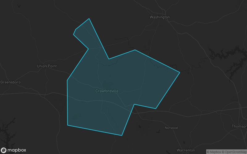 Map of Taliaferro County, Georgia showing the county boundary and surrounding cities