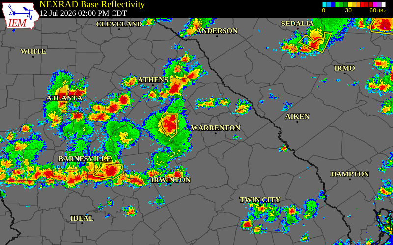 NEXRAD radar during the Sunday, July 12, 2026 storm activity in Taliaferro County, Georgia