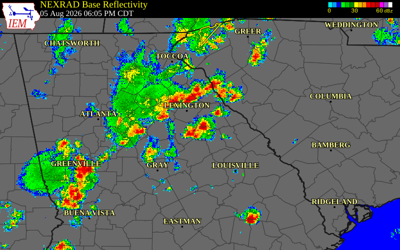 Radar snapshot during the Aug 5, 2026 wind event near Taliaferro County, Taliaferro County, Georgia, with NWS warning polygons