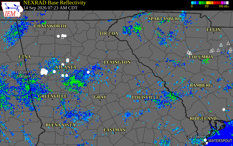 Current NEXRAD radar over Taliaferro County, Georgia with recent storm report locations