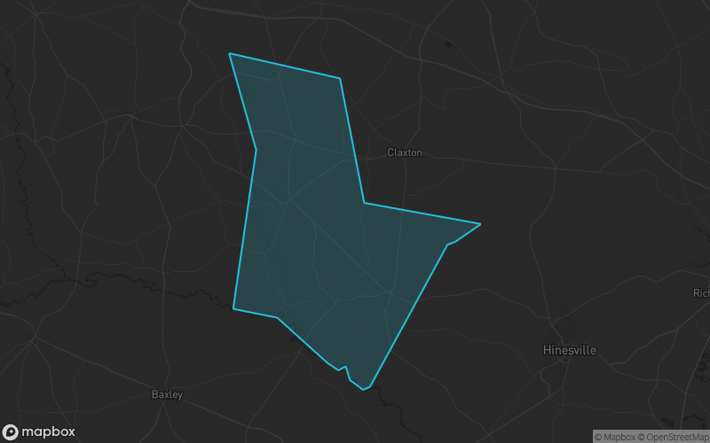 Map of Tattnall County, Georgia showing the county boundary and surrounding cities