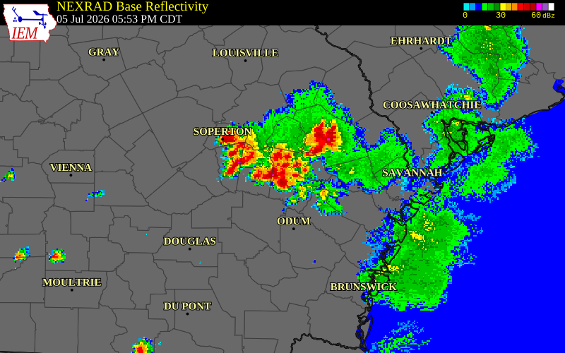 NEXRAD radar during the Sunday, July 5, 2026 storm activity in Tattnall County, Georgia