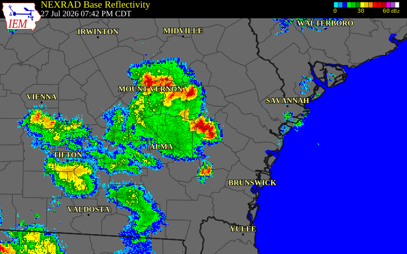 NEXRAD radar during the Monday, July 27, 2026 storm activity in Tattnall County, Georgia