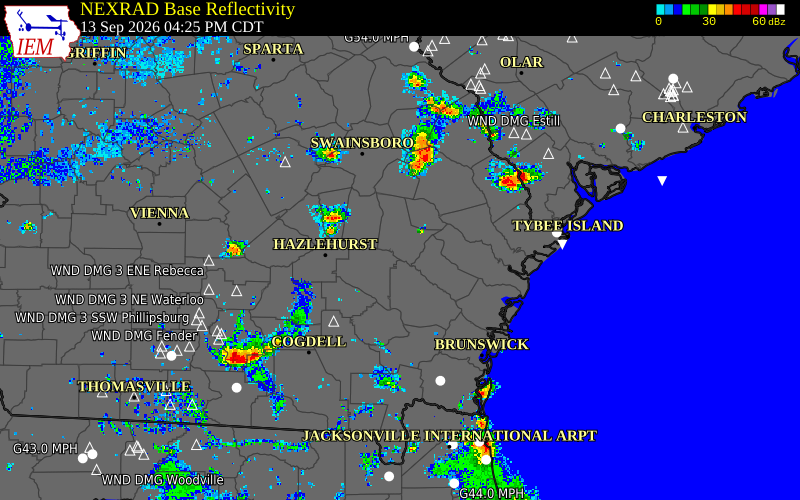 Current NEXRAD radar over Tattnall County, Georgia with recent storm report locations