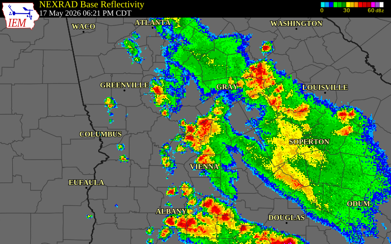 NEXRAD radar during the Sunday, May 17, 2026 storm activity in Taylor County, Georgia