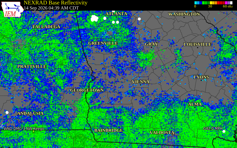 Current NEXRAD radar over Taylor County, Georgia with recent storm report locations