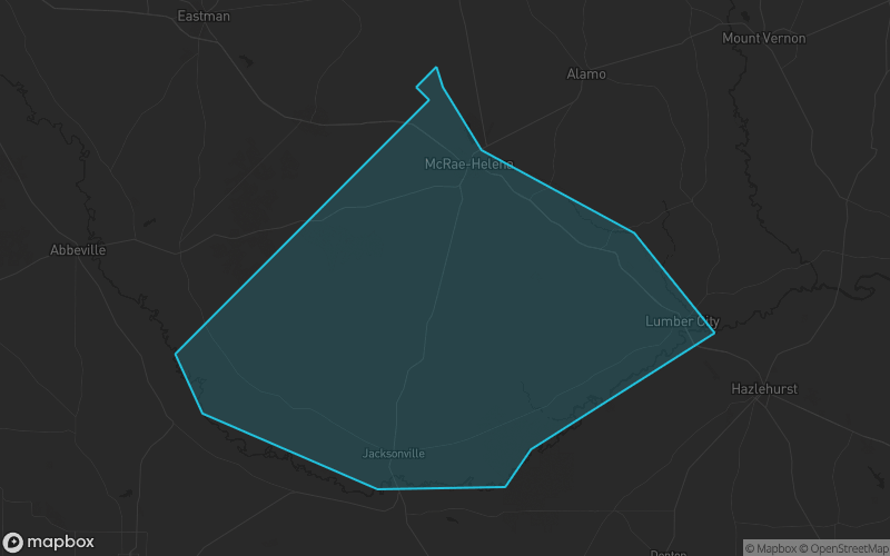 Map of Telfair County, Georgia showing the county boundary and surrounding cities
