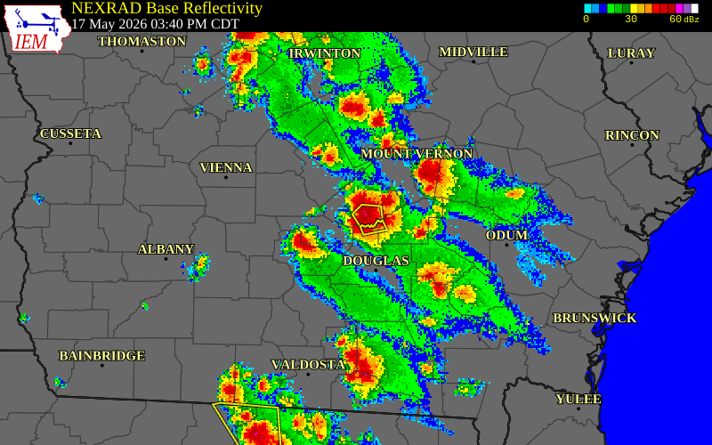 NEXRAD radar during the Sunday, May 17, 2026 storm activity in Telfair County, Georgia