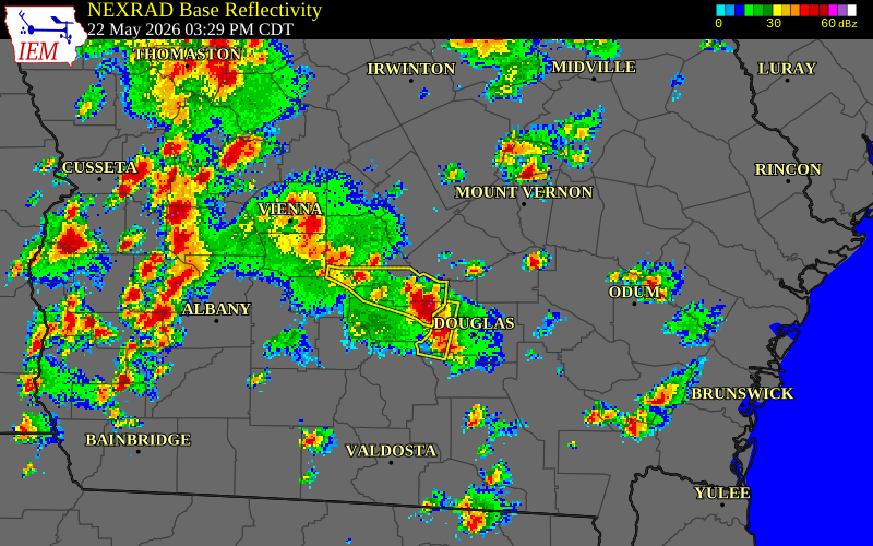 NEXRAD radar during the Friday, May 22, 2026 storm activity in Telfair County, Georgia