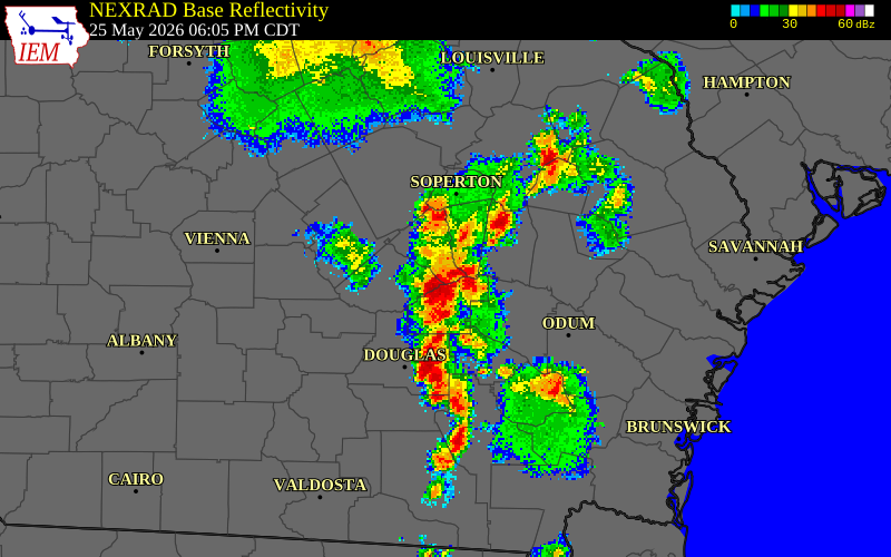 NEXRAD radar during the Monday, May 25, 2026 storm activity in Telfair County, Georgia