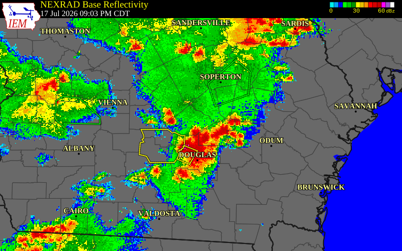 NEXRAD radar during the Friday, July 17, 2026 storm activity in Telfair County, Georgia