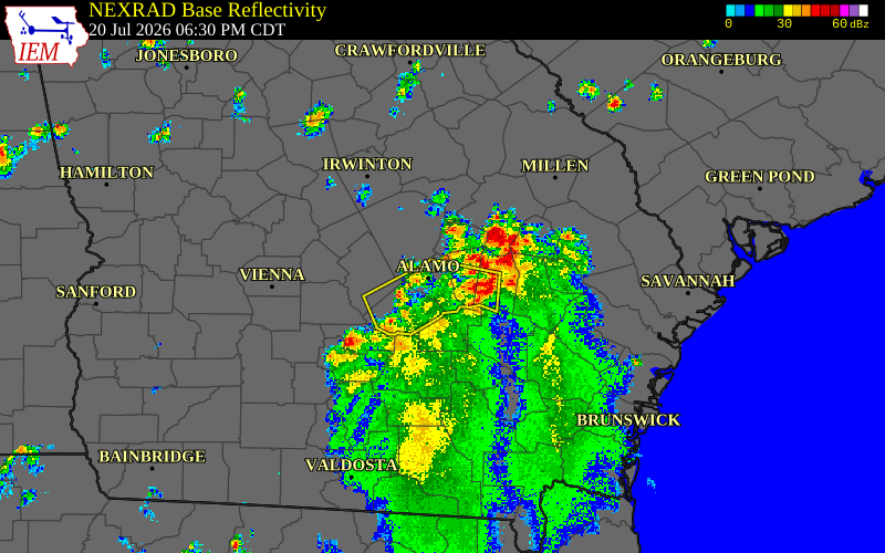 Radar snapshot during the Jul 20, 2026 wind event near Telfair County, Telfair County, Georgia, with NWS warning polygons