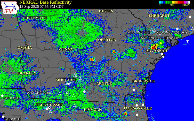 Current NEXRAD radar over Telfair County, Georgia with recent storm report locations