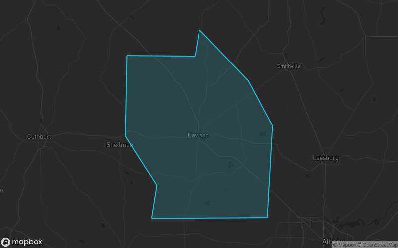 Map of Terrell County, Georgia showing the county boundary and surrounding cities