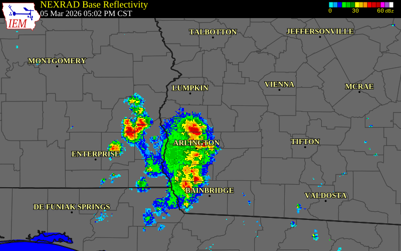 NEXRAD radar during the Thursday, March 5, 2026 storm activity in Terrell County, Georgia