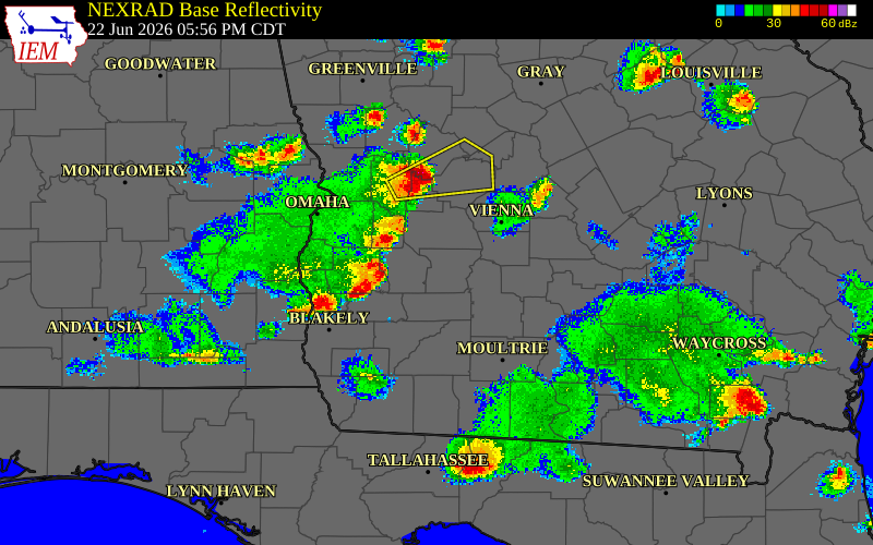 Radar snapshot during the Jun 22, 2026 wind event near Terrell County, Terrell County, Georgia, with NWS warning polygons