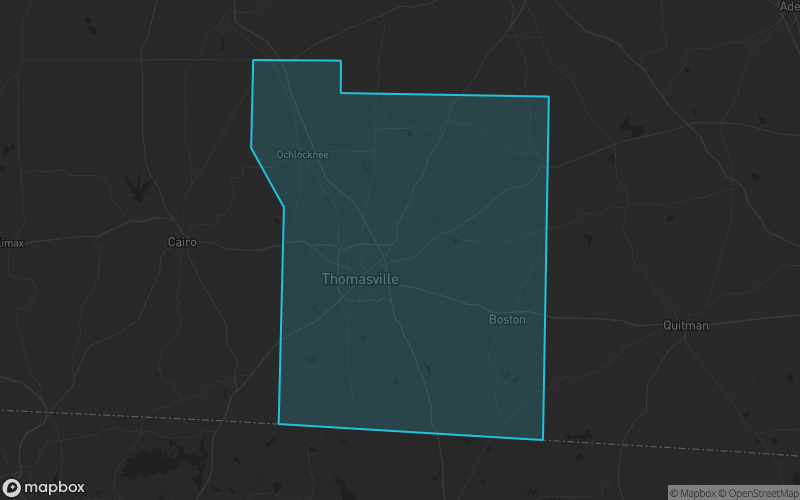 Map of Thomas County, Georgia showing the county boundary and surrounding cities