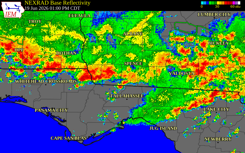 NEXRAD radar during the Friday, June 19, 2026 storm activity in Thomas County, Georgia