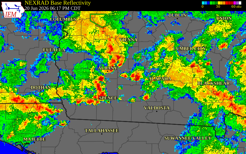 NEXRAD radar during the Saturday, June 20, 2026 storm activity in Thomas County, Georgia