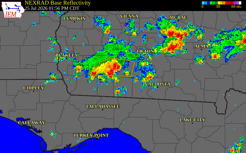 NEXRAD radar during the Saturday, July 25, 2026 storm activity in Thomas County, Georgia