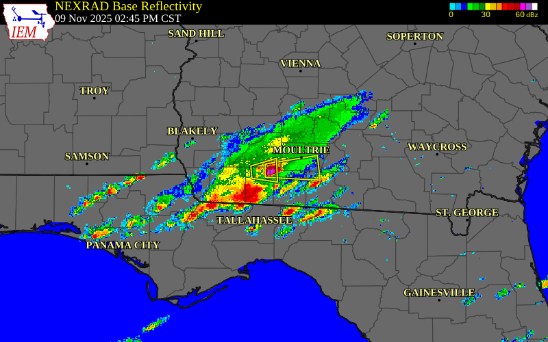 Radar snapshot during the Aug 12, 2026 wind event near Thomas County, Thomas County, Georgia, with NWS warning polygons