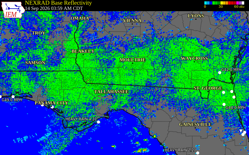 Current NEXRAD radar over Thomas County, Georgia with recent storm report locations