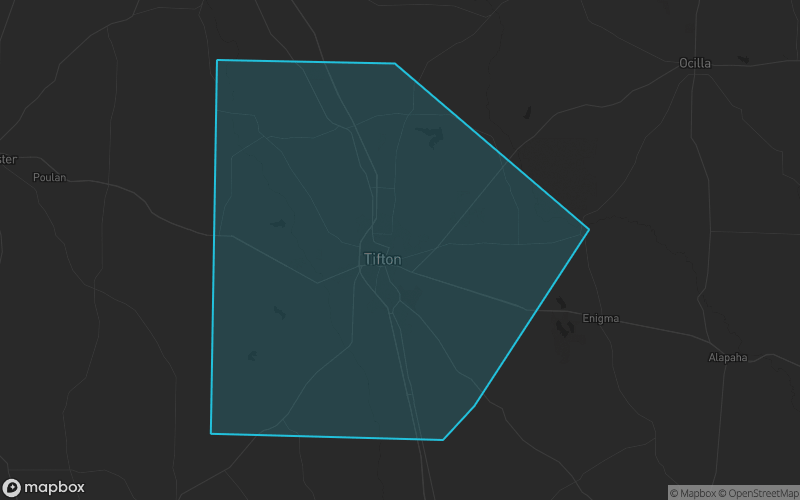Map of Tift County, Georgia showing the county boundary and surrounding cities