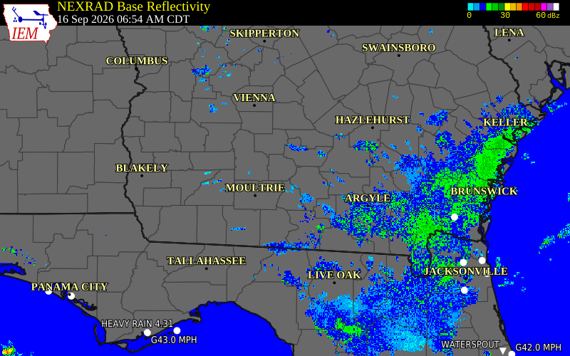 Current NEXRAD radar over Tift County, Georgia with recent storm report locations