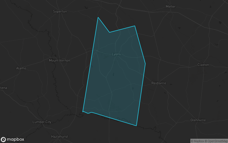 Map of Toombs County, Georgia showing the county boundary and surrounding cities