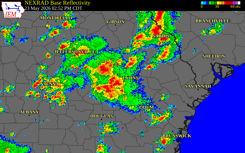 NEXRAD radar during the Saturday, May 23, 2026 storm activity in Toombs County, Georgia