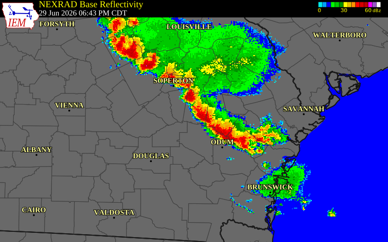 NEXRAD radar during the Monday, June 29, 2026 storm activity in Toombs County, Georgia