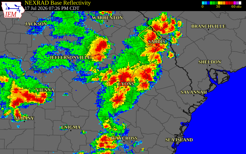 NEXRAD radar during the Friday, July 17, 2026 storm activity in Toombs County, Georgia