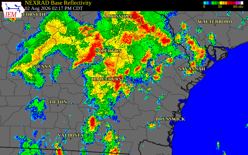 NEXRAD radar during the Sunday, August 2, 2026 storm activity in Toombs County, Georgia