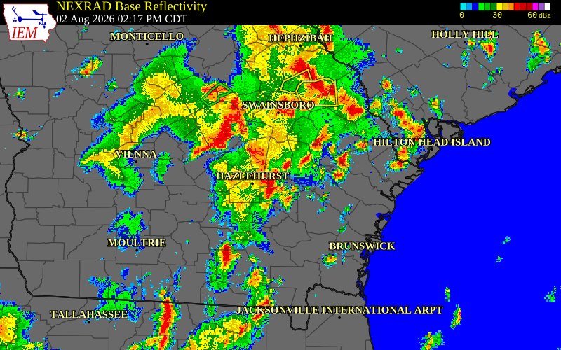 Radar snapshot during the Aug 2, 2026 wind event near Toombs County, Toombs County, Georgia, with NWS warning polygons