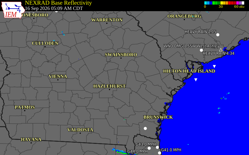Current NEXRAD radar over Toombs County, Georgia with recent storm report locations