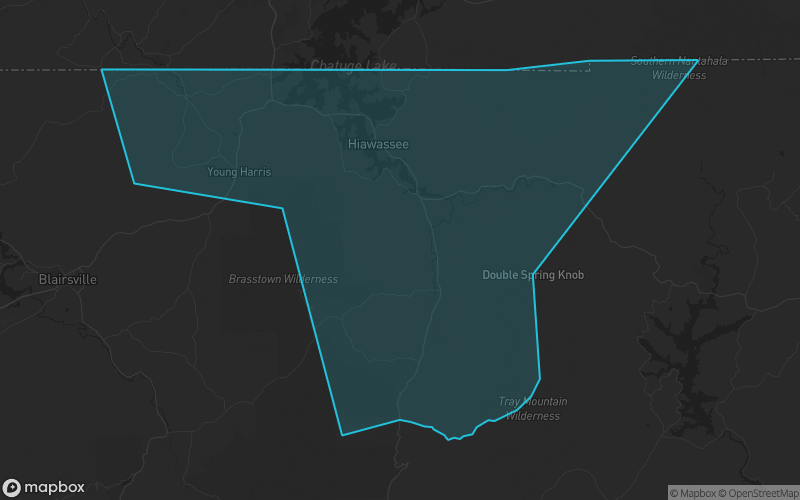 Map of Towns County, Georgia showing the county boundary and surrounding cities